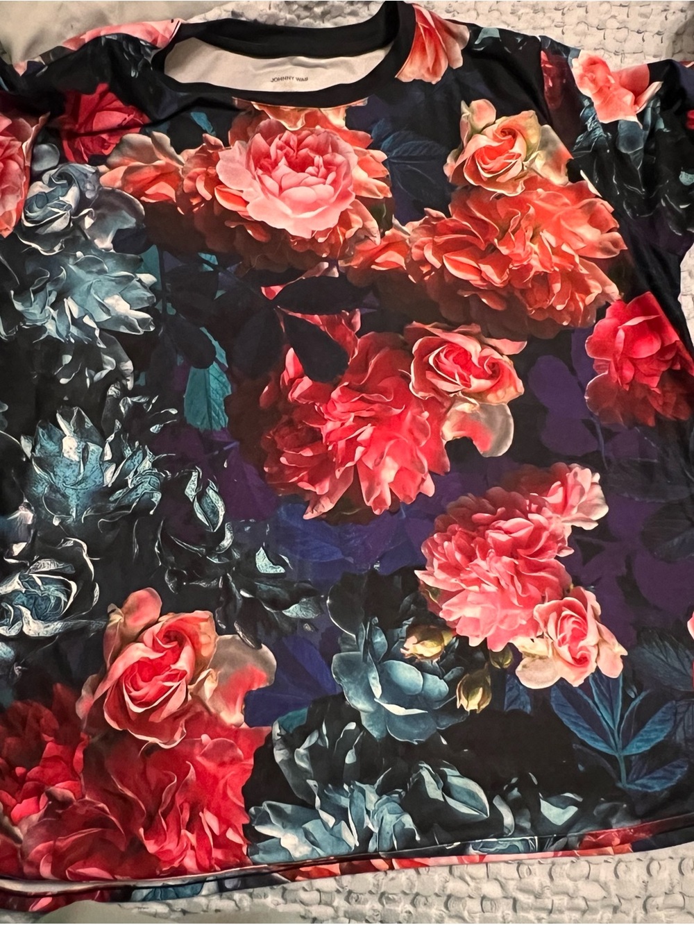 Johnny Was Active Wear Floral Graphic Tee with Pink & Teal Blooms
